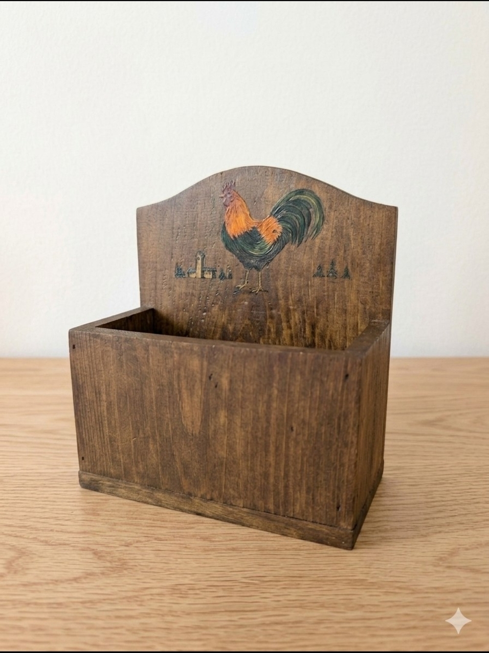 Vintage Country Farmhouse Wooden Recipe Box / Wall Pocket with Rooster Motif